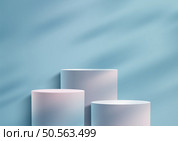 Modern 3D Three Cylindrical Podiums in Serene Blue and White Background with Subtle Lighting for Minimalist Product Display and Creative Mockup. Стоковая иллюстрация, агентство Ingram Publishing / Фотобанк Лори