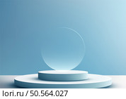 Minimalist 3D circular podium with a transparent hovering circle is perfect for product displays and award showcases. The sleek design and soft blue background add a modern, elegant. Стоковая иллюстрация, агентство Ingram Publishing / Фотобанк Лори