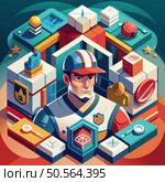 A bold and colorful isometric illustration of a player character in a video game. surrounded by game elements like blocks. weapons. and tools.  Perfect for promoting online games. mobile apps. and gaming communities. Стоковая иллюстрация, агентство Ingram Publishing / Фотобанк Лори