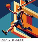 A stylized basketball player leaps through the air. poised to score a slam dunk. The graphic design features bold colors and geometric shapes for a dynamic and energetic feel. Стоковая иллюстрация, агентство Ingram Publishing / Фотобанк Лори