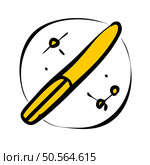A simple and playful illustration of a yellow knife crossing a plate. Perfect for adding a touch of whimsy to menus. food blogs. or social media posts about cooking and dining. Стоковая иллюстрация, агентство Ingram Publishing / Фотобанк Лори