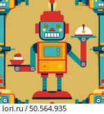 A friendly robot waiter with a tray. ready to serve. Fun and colorful design perfect for branding. websites. and social media. Стоковая иллюстрация, агентство Ingram Publishing / Фотобанк Лори