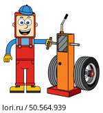 A cartoon mechanic with a big smile operates a tire changing machine. This cheerful illustration is perfect for automotive blogs. service manuals. or any project related to vehicle maintenance. Стоковая иллюстрация, агентство Ingram Publishing / Фотобанк Лори