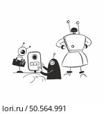 Three cute robots in a cartoon style. One robot is carrying a briefcase. another is taking a photo. and the third is standing with its arms raised. Стоковая иллюстрация, агентство Ingram Publishing / Фотобанк Лори