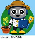 A friendly robot gardener wearing a hat and holding a tablet and a watering can. tending to a potted plant. Стоковая иллюстрация, агентство Ingram Publishing / Фотобанк Лори