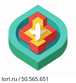 Abstract isometric icon with a white arrow pointing upwards. surrounded by layered geometric shapes in red. yellow. and turquoise. Ideal for website design. app icons. and modern branding. Стоковая иллюстрация, агентство Ingram Publishing / Фотобанк Лори