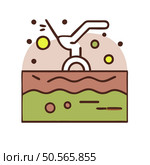 A simple. colorful illustration depicting a small. cartoon like digger working on a cross section of soil. The digger is throwing up small yellow rocks. implying that it is digging through the ground. This icon represents the concepts of digging. excavation. and construction. Стоковая иллюстрация, агентство Ingram Publishing / Фотобанк Лори