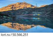 Bernina express train passing by Bianco lake with colorful reflections of the train and mountains during sunset in the swiss alps in autumn. Fall in Switzerland. Yellow modern train with red wagons. Стоковое фото, агентство Ingram Publishing / Фотобанк Лори