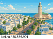 Sunny View of Casablanca Featuring Hassan II Mosque and Palm-Lined Boulevards. Стоковая иллюстрация, иллюстратор Максим Гребешков / Фотобанк Лори