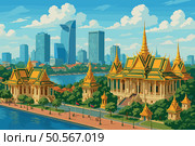 Daytime Skyline of Phnom Penh with Royal Palace and Modern Buildings. Стоковая иллюстрация, иллюстратор Максим Гребешков / Фотобанк Лори