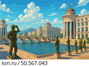 Skopje View with Stone Bridge and Neoclassical Architecture. Стоковая иллюстрация, иллюстратор Максим Гребешков / Фотобанк Лори