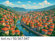 Sarajevo Panorama with River, Red Roofs, and Green Hills. Стоковая иллюстрация, иллюстратор Максим Гребешков / Фотобанк Лори