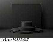 Black 3D cylindrical podium setup against a dark background, perfect for minimalist product displays, creative mockups, or luxury showroom showcases. Стоковая иллюстрация, агентство Ingram Publishing / Фотобанк Лори