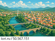 Podgorica Cityscape with River Bridges and Green Hills. Стоковая иллюстрация, иллюстратор Максим Гребешков / Фотобанк Лори