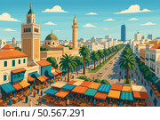 Tunis View with Minarets and Modern Palm-Lined Roads. Стоковая иллюстрация, иллюстратор Максим Гребешков / Фотобанк Лори
