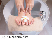 Customer’s feet after cleaning before the manicurist used cutting tools polish and paints customer’s toenails. Стоковое фото, агентство Ingram Publishing / Фотобанк Лори