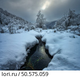 Small river winding through a snowy valley, snow-covered trees and bushes on cold winter day, cloudy sky. Winter fairytale in Plitvice Lakes, Croatia. Landscape with water stream, snow, forest in snow. Стоковое фото, агентство Ingram Publishing / Фотобанк Лори