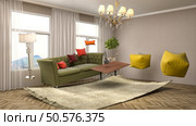 Zero Gravity Sofa hovering in living room. 3D Illustration. Стоковое фото, агентство Ingram Publishing / Фотобанк Лори