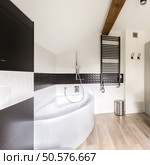 Modern spacious bathroom in black and white decor with a big bath. Стоковое фото, агентство Ingram Publishing / Фотобанк Лори