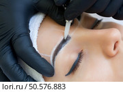 Permanent make-up for eyebrows of beautiful woman with thick brows in beauty salon. Closeup beautician doing  tattooing eyebrow. Стоковое фото, агентство Ingram Publishing / Фотобанк Лори