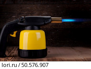 manual gas burner on a wooden background. Blowtorch. Стоковое фото, агентство Ingram Publishing / Фотобанк Лори