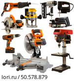 Power tool collage isolated on a white background depicting carpentry and construction tools. Стоковое фото, агентство Ingram Publishing / Фотобанк Лори