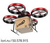 3D drone delivering a package. Parcel delivery service. Isolated white background. . Стоковое фото, агентство Ingram Publishing / Фотобанк Лори