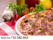 pizza with salamy sausages on picnic tablecloth. Стоковое фото, агентство Ingram Publishing / Фотобанк Лори