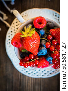 Mix of fresh berries in a cup of tea. Стоковое фото, агентство Ingram Publishing / Фотобанк Лори