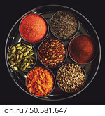 Set of indian spices in metal bowls - green cardamom, turmeric powder,  coriander seeds, cinnamon, cumin, and chili on black background. Стоковое фото, агентство Ingram Publishing / Фотобанк Лори