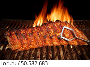 BBQ Roast Marinated Baby Back Pork Ribs Close-up On Hot Flaming Grill Background. Стоковое фото, агентство Ingram Publishing / Фотобанк Лори