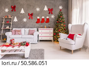 Spacious and light living room decorated for Christmas. Стоковое фото, агентство Ingram Publishing / Фотобанк Лори