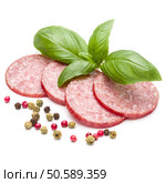 Salami smoked sausage slices, basil leaves and peppercorns isolated on white background cutout. Стоковое фото, агентство Ingram Publishing / Фотобанк Лори