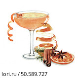 Hand drawn watercolor illustration of summer fresh cocktail and orange decoration. Isolated on the white background. Cocktail watercolor illustration. Стоковое фото, агентство Ingram Publishing / Фотобанк Лори