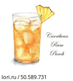 Hand drawn watercolor illustration of summer fresh cocktail Carribean Rum Punch. Isolated on the white background. Cocktail watercolor illustration. Стоковое фото, агентство Ingram Publishing / Фотобанк Лори