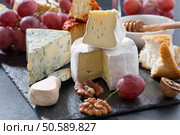 molded cheeses and snacks on the blackboard, horizontal. Стоковое фото, агентство Ingram Publishing / Фотобанк Лори