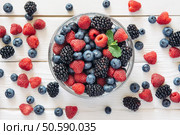 Healthy mixed fruit and ingredients with strawberry, raspberry, blueberry, blackberry from top view. Стоковое фото, агентство Ingram Publishing / Фотобанк Лори