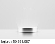 3D silver cylindrical podium sits on a clean white surface with a subtle circular backdrop on light gray. Perfect for product display, branding mockups, and stylish promotional designs. Стоковая иллюстрация, агентство Ingram Publishing / Фотобанк Лори