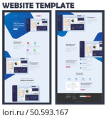 One page website design template for business. Landing page wireframe. Flat modern responsive design. Ux ui website: home, advantages, features, analytics, offers, download, FAQ, contacts, email. Стоковая иллюстрация, агентство Ingram Publishing / Фотобанк Лори