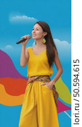 Young singer performing live on stage with colorful flags. Стоковое AI-видео, аниматор Юрий Поздников / Фотобанк Лори