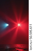 Colorful beaming led lights with white and red glow in darkness. Fog or mist lays on ground for creepy or scary mood. Concept danger or evacuation signs in futuristic movie style. Стоковое AI-видео, аниматор Sergey Grishin / Фотобанк Лори