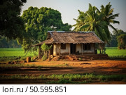 Old shack stands amidst lush green fields in rural landscape. Стоковое AI-изображение, AI-художник Иван Рябоконь / Фотобанк Лори
