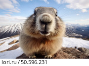 Hoary marmot posing on mountain top in scenic winter landscape. Стоковое AI-изображение, AI-художник Иван Рябоконь / Фотобанк Лори