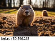 Black tailed prairie dog emerging from burrow at sunset in a park. Стоковое AI-изображение, AI-художник Иван Рябоконь / Фотобанк Лори