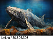 Majestic whale entangled in ocean debris. Стоковое AI-изображение, AI-художник Иван Рябоконь / Фотобанк Лори
