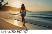 Camera follows woman walk barefoot on beautiful calm sandy beach at resort or hotel. Ocean waves surf roll over her feet. Concept tranquility and self care in peaceful mind. Стоковое AI-видео, аниматор Sergey Grishin / Фотобанк Лори