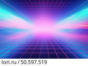 Retro futuristic grid landscape vanishing in bright light. Стоковое AI-изображение, AI-художник Иван Рябоконь / Фотобанк Лори