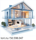 Modern glass-fronted house design merges elegance and comfort in a serene environment. Стоковое AI-изображение, AI-художник Михаил Коханчиков / Фотобанк Лори