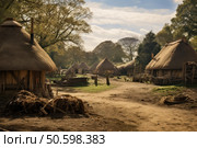 Reconstructed neolithic thatched huts representing prehistoric village life in the uk. Стоковое AI-изображение, AI-художник Иван Рябоконь / Фотобанк Лори