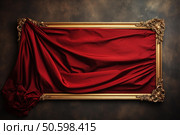 Red silk drape covering an ornate gold frame on a textured background. Стоковое AI-изображение, AI-художник Иван Рябоконь / Фотобанк Лори